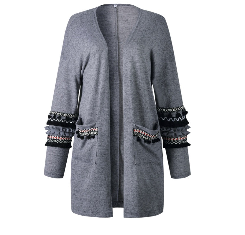 Fashion stitching long-sleeved women's long cardigan