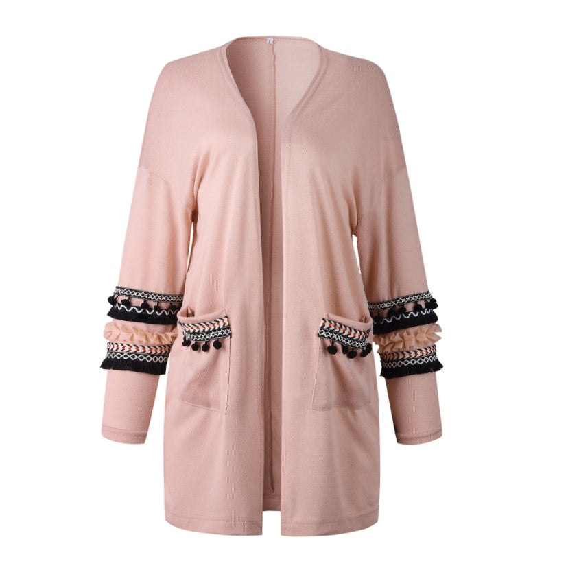Fashion stitching long-sleeved women's long cardigan