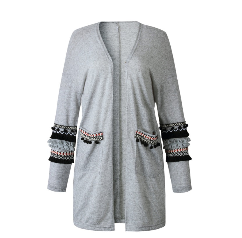 Fashion stitching long-sleeved women's long cardigan