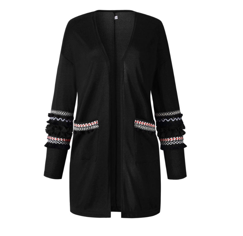 Fashion stitching long-sleeved women's long cardigan