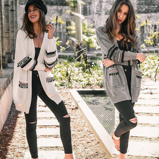 Fashion stitching long-sleeved women's long cardigan