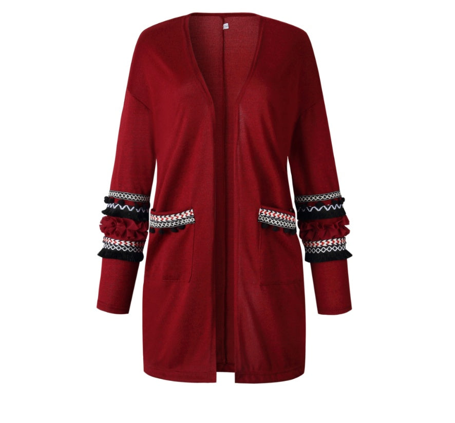 Fashion stitching long-sleeved women's long cardigan