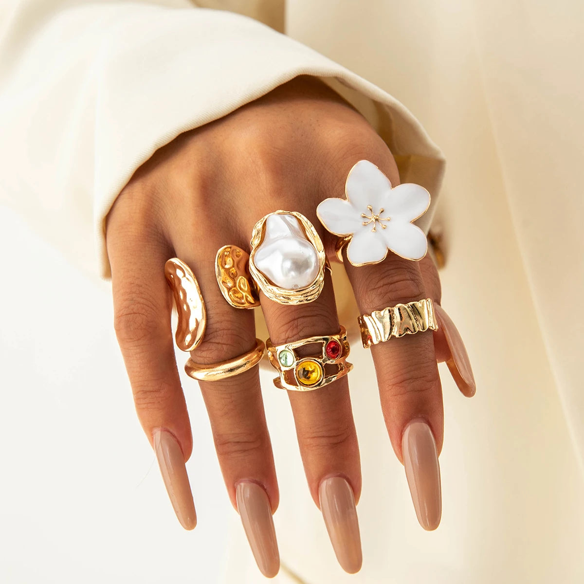 Imitation Pearl Open Ring Set